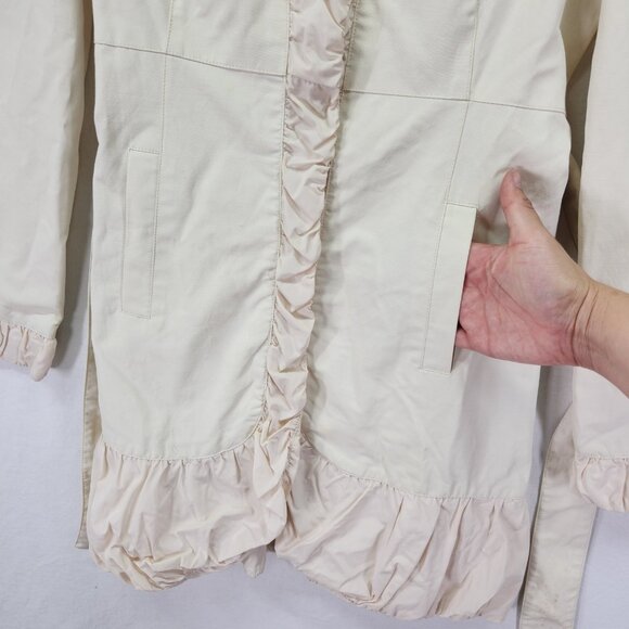 Blanc Noir Belted Coat Size Medium Puff Ruffle Trim Ivory Snap Button Midi - Picture 7 of 15